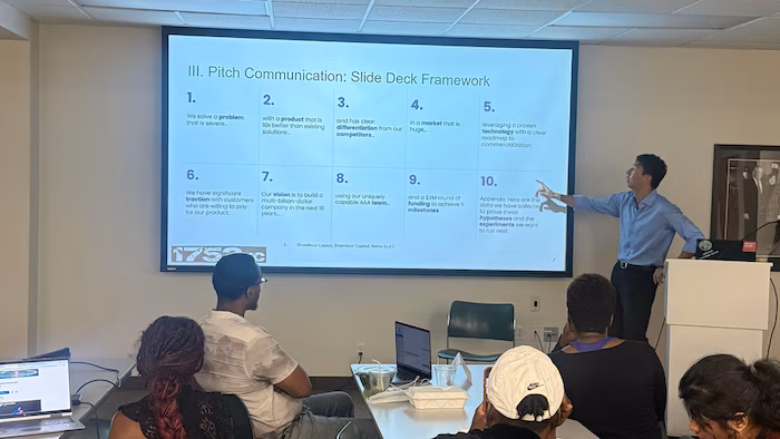 Venture Fellow instructor presenting a pitch communication workshop